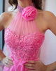 Hot Pink A-Line High Neck Halter Cascading Ruffles Prom Dress