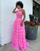 A-Line Halter Applique Slit Prom Dress with Cascading Ruffles