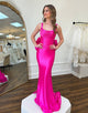 Fuchsia Mermaid Spaghetti Square Neck Bow Sweep Train Prom Dress