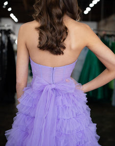 Lilac A-Line Sweetheart Cascading Ruffles Tulle Slit Prom Dress