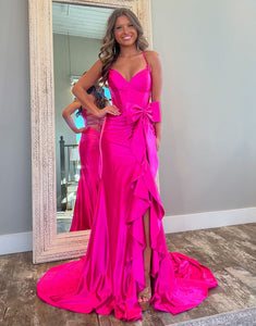 Hot Pink Mermaid Spaghetti Ruched Bow Slit Prom Dress