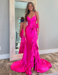 Hot Pink Mermaid Spaghetti Ruched Bow Slit Prom Dress