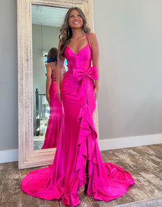 Hot Pink Mermaid Spaghetti Ruched Bow Slit Prom Dress