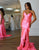 Hot Pink Mermaid Spaghetti Ruched Bow Slit Prom Dress