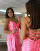 Hot Pink Mermaid Spaghetti Ruched Bow Slit Prom Dress