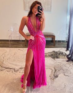 Sex Halter Mermaid Crystal Slit Prom Dress with Sweep Train