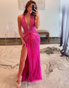 Sex Halter Mermaid Crystal Slit Prom Dress with Sweep Train