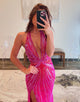 Sex Halter Mermaid Crystal Slit Prom Dress with Sweep Train