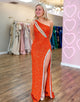 Orange One Shoulder Sequins Hollow Mermaid Long Prom Dress with Slit