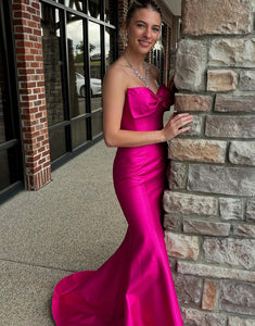 Fuchsia Mermaid Bateau-Neck Bow Strapless Prom Dress