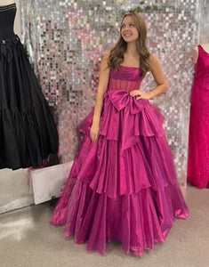 Chic Pink Strapless Bow A-Line Tiered Long Corset Prom Dress