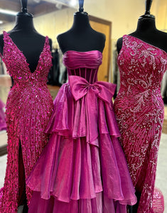 Chic Pink Strapless Bow A-Line Tiered Long Corset Prom Dress