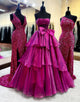 Chic Pink Strapless Bow A-Line Tiered Long Corset Prom Dress