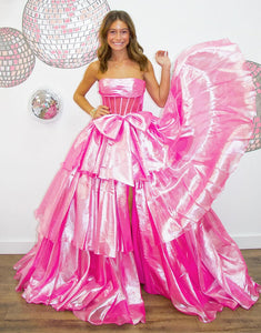 Chic Pink Strapless Bow A-Line Tiered Long Corset Prom Dress