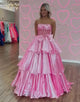 Chic Pink Strapless Bow A-Line Tiered Long Corset Prom Dress