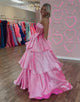 Chic Pink Strapless Bow A-Line Tiered Long Corset Prom Dress