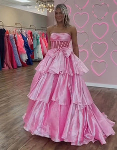 Chic Pink Strapless Bow A-Line Tiered Long Corset Prom Dress