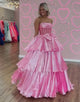 Chic Pink Strapless Bow A-Line Tiered Long Corset Prom Dress