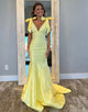 Yellow Mermaid Bow V-Neck Prom Dress with Sweep Train