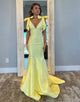 Yellow Mermaid Bow V-Neck Prom Dress with Sweep Train