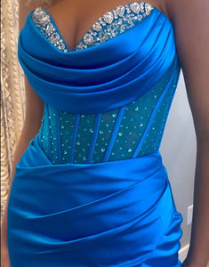 Sweetheart Neck Crystal Ruched Mermaid Slit Prom Dress