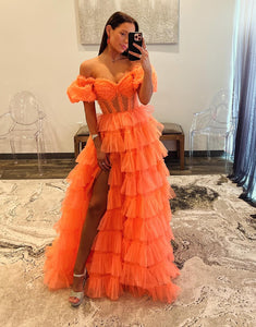 Orange A-Line Short Sleeve Tiered Tulle Prom Dress