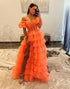 Orange A-Line Short Sleeve Tiered Tulle Prom Dress