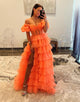 Orange A-Line Short Sleeve Tiered Tulle Prom Dress