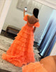 Orange A-Line Short Sleeve Tiered Tulle Prom Dress