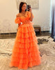 Orange A-Line Short Sleeve Tiered Tulle Prom Dress