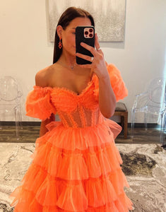 Orange A-Line Short Sleeve Tiered Tulle Prom Dress