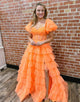 Orange A-Line Short Sleeve Tiered Tulle Prom Dress