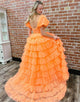 Orange A-Line Short Sleeve Tiered Tulle Prom Dress