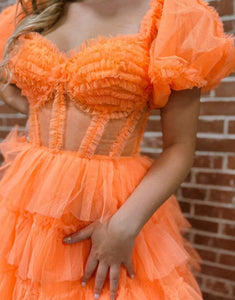 Orange A-Line Short Sleeve Tiered Tulle Prom Dress