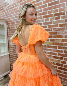 Orange A-Line Short Sleeve Tiered Tulle Prom Dress