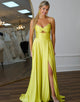 Yellow Spaghetti Straps A-Line Hollow Satin Long Prom Dress with Slit