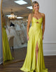 Yellow Spaghetti Straps A-Line Hollow Satin Long Prom Dress with Slit