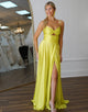 Yellow Spaghetti Straps A-Line Hollow Satin Long Prom Dress with Slit