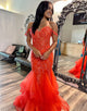 Orange Off the Shoulder Mermaid Tiered Long Prom Dress with Appliques