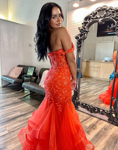 Orange Off the Shoulder Mermaid Tiered Long Prom Dress with Appliques