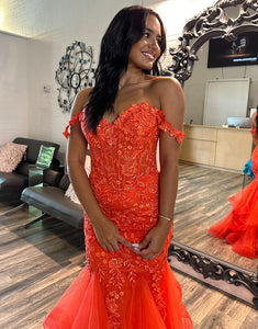 Orange Off the Shoulder Mermaid Tiered Long Prom Dress with Appliques