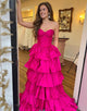 Fuchsia Sweetheart A-Line Satin Tiered Long Prom Dress