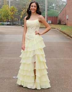 Yellow Spaghetti Straps A-Line Tulle Tiered Long Prom Dress with Appliques