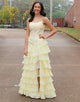 Yellow Spaghetti Straps A-Line Tulle Tiered Long Prom Dress with Appliques