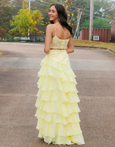 Yellow Spaghetti Straps A-Line Tulle Tiered Long Prom Dress with Appliques