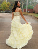 Yellow Spaghetti Straps A-Line Tulle Tiered Long Prom Dress with Appliques