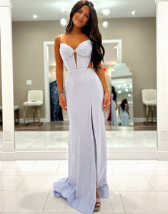 Lilac Spaghetti Straps Mermaid Hollow Long Prom Dress with Slit