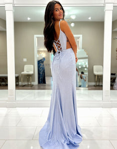 Lilac Spaghetti Straps Mermaid Hollow Long Prom Dress with Slit