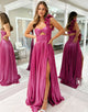 Fuchsia One Shoulder Metallic A-Line Long Prom Dress with Slit