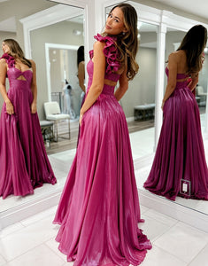 Fuchsia One Shoulder Metallic A-Line Long Prom Dress with Slit